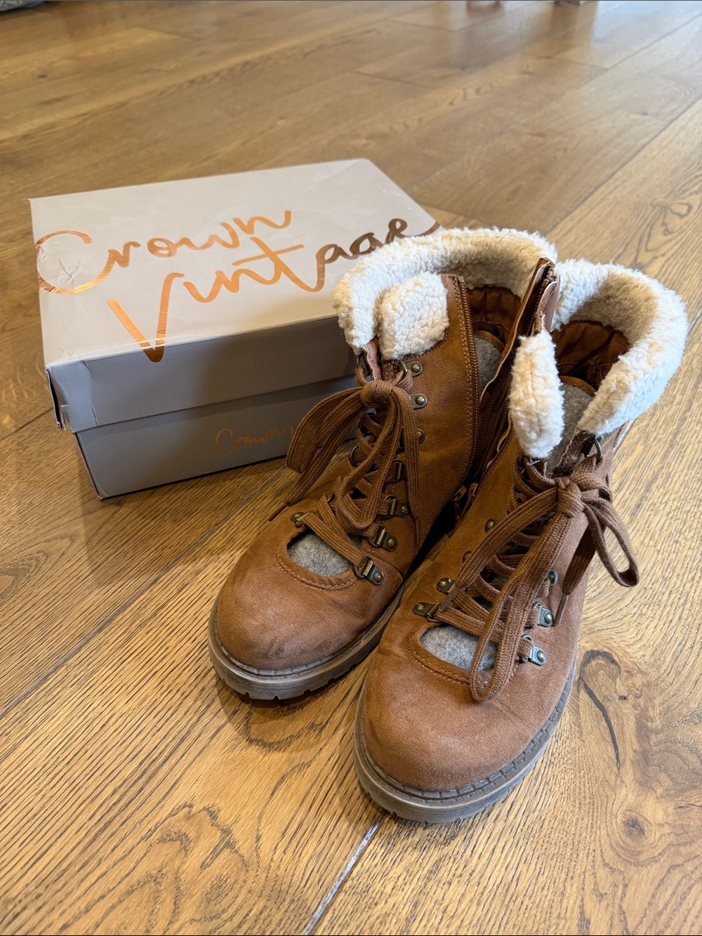 Crown Vintage Tan Lace-Up Shearling Trim Boots